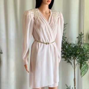 Vintage 80s Patra Chiffon Dress Sheer Pale Pink Beaded Cocktail Party‎ Size S